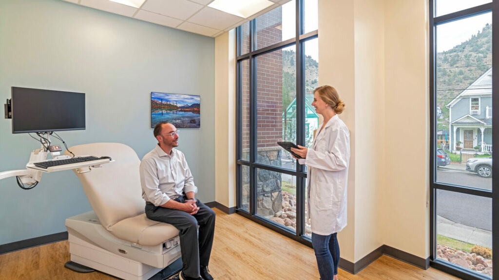 Patient and doctor talk in daylit patient room
