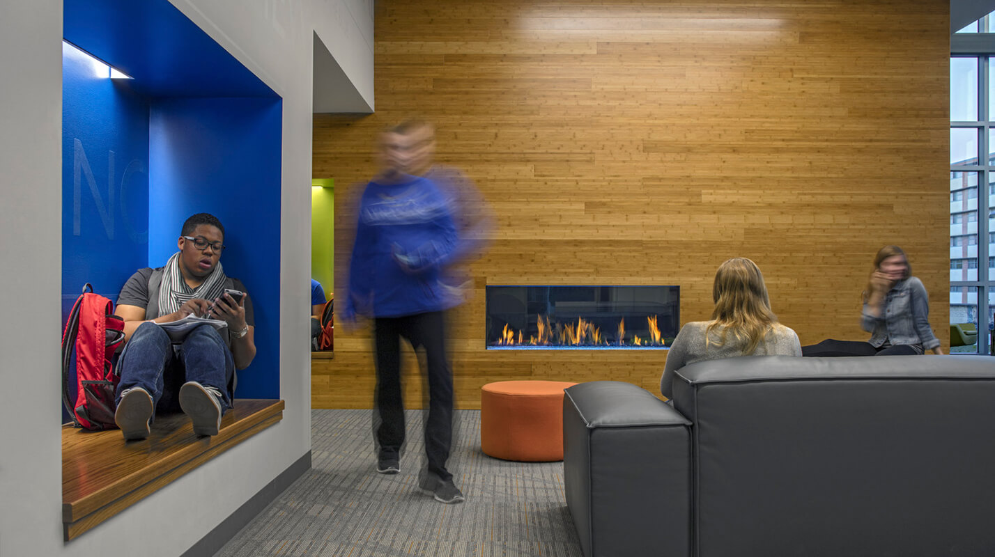 Student lounge in Self & Oswald Hall residence hall at the University of Kansas