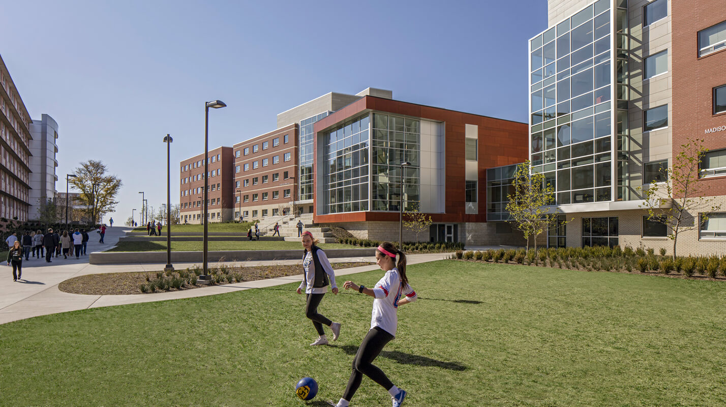 Green space for outdoor activities at Self & Oswald Hall residence hall at the University of Kansas