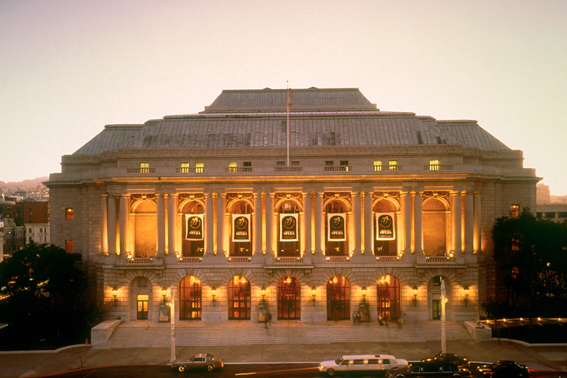 War Memorial Opera House exterior at twilight