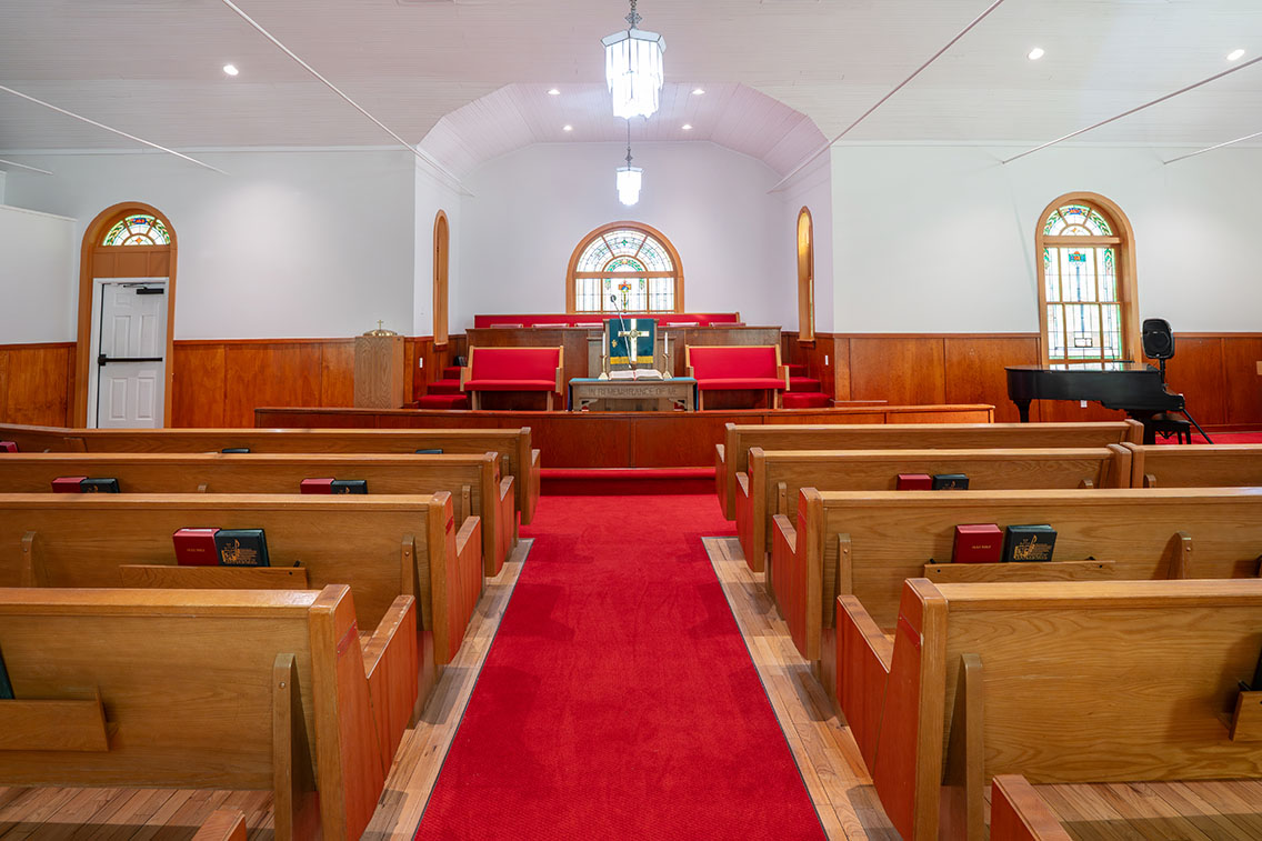 Interior photo of a church sanctuary after it was rehabilitated.