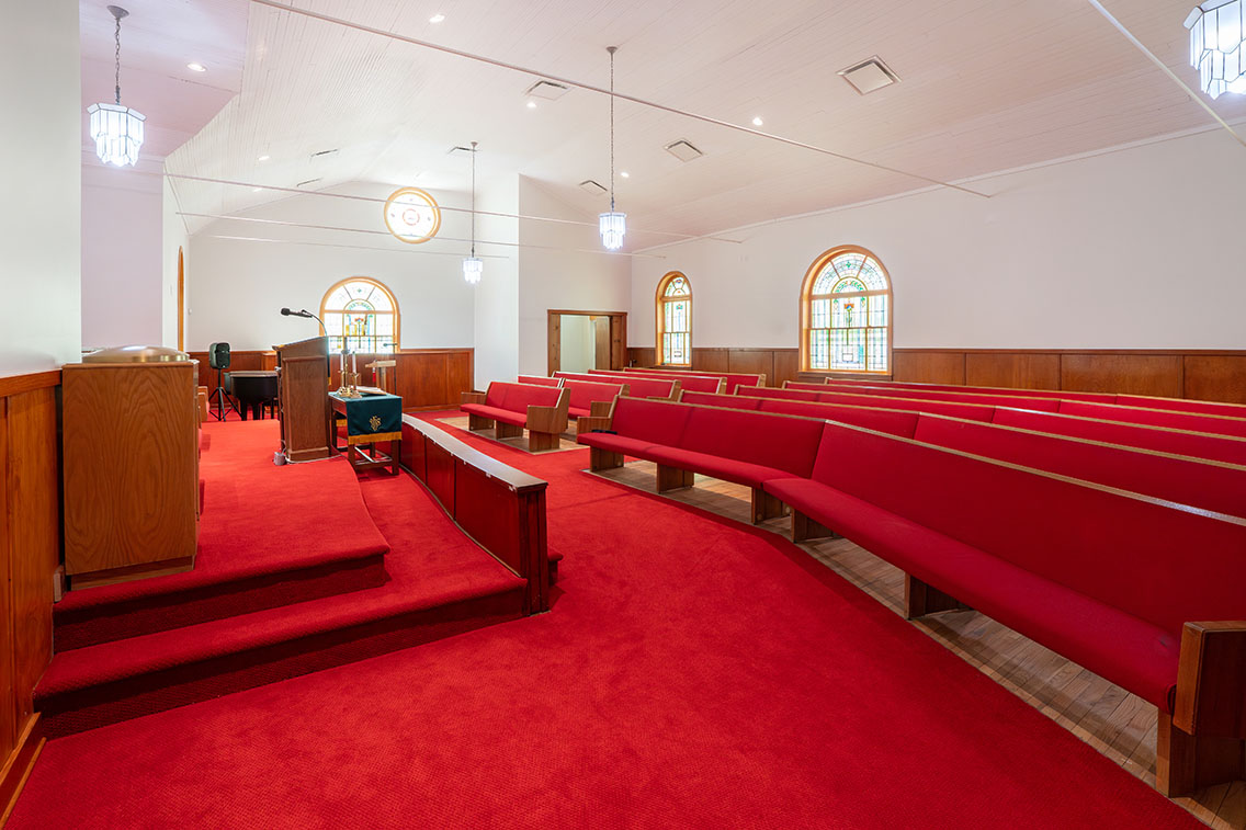 Interior photo of a church sanctuary after it was rehabilitated.