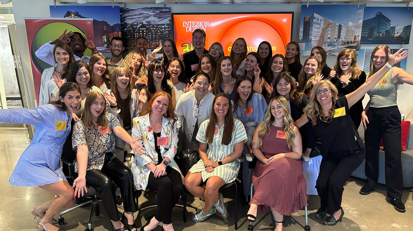 Group photo of Interior Design magazine's 30 under 30 nominees, including Treanor interiors team members Jimmy Day, Corinne Sage, and Bethany Henry