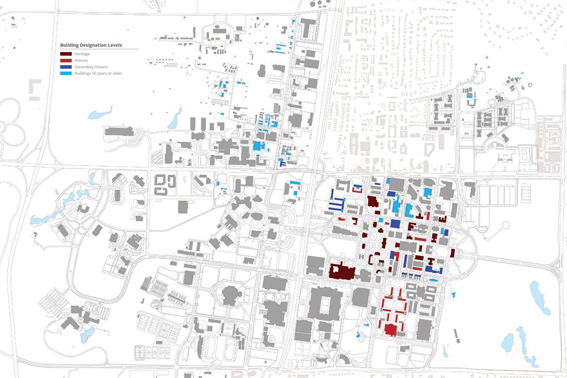 Campus map showing Texas A&M heritage and historic building designations.
