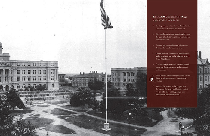 Historic campus view of Texas A&M with flagpole and heritage conservation principles overlay.