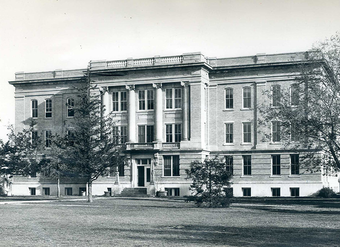 Archival view of Nagle Hall, Texas A&M—early 20th-century Classical Revival landmark on Academic Plaza.
