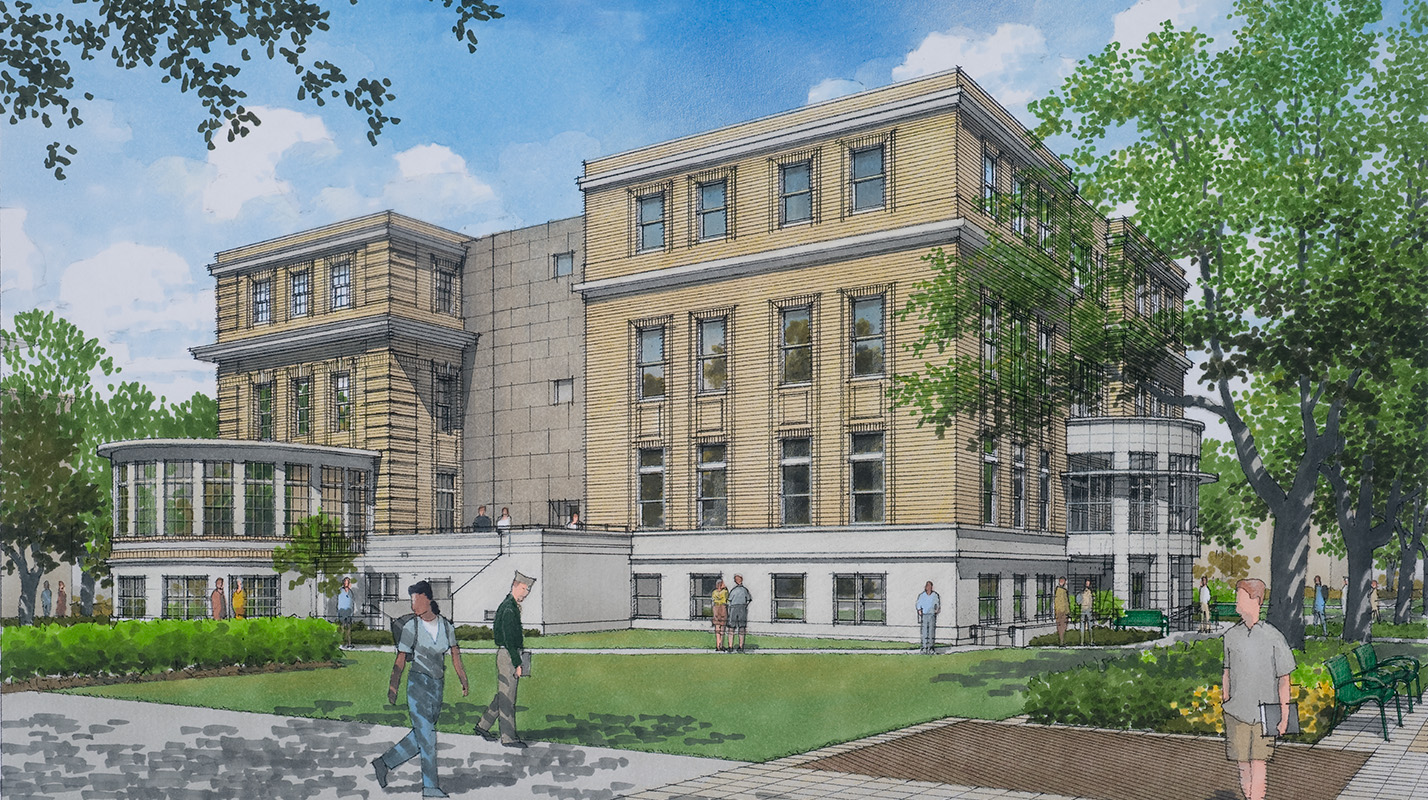 Rendering of YMCA Building rehabilitation at Texas A&M with restored façade and new addition