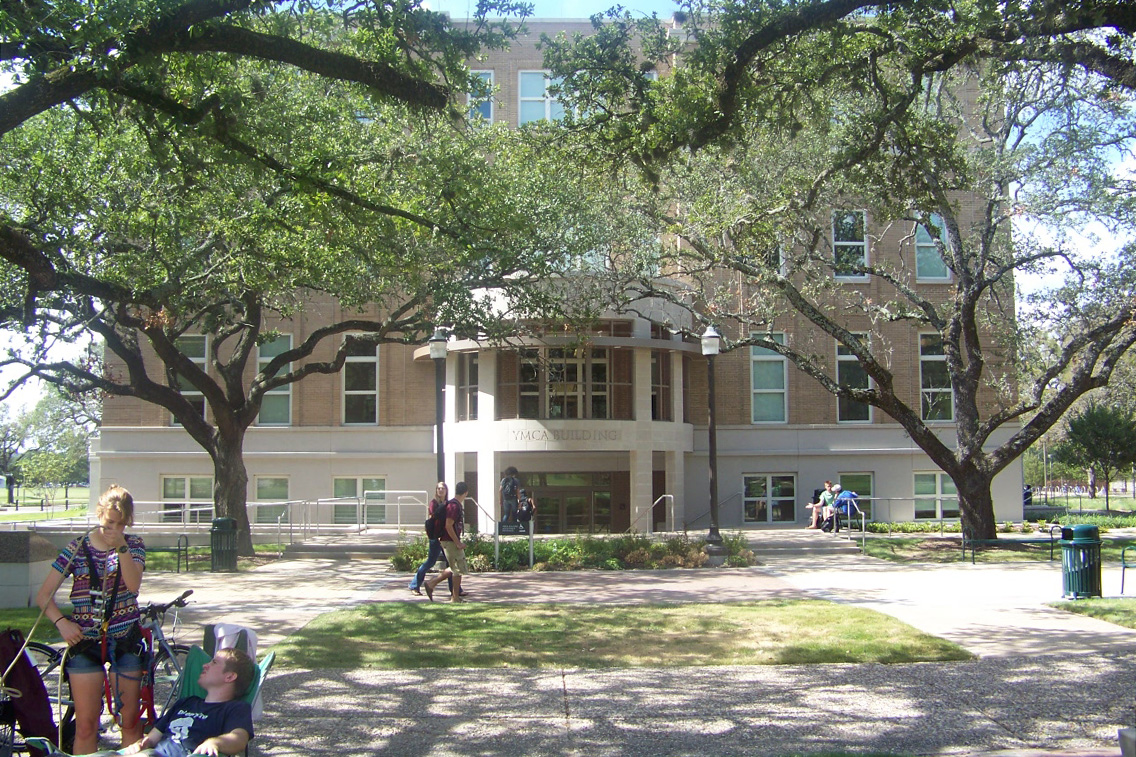 East façade of YMCA Building at Texas A&M with new Military Walk entrance and accessible ramp