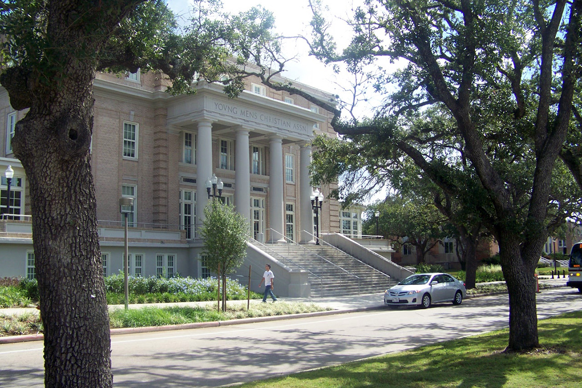 West façade of YMCA Building at Texas A&M with historic Classical Revival columns