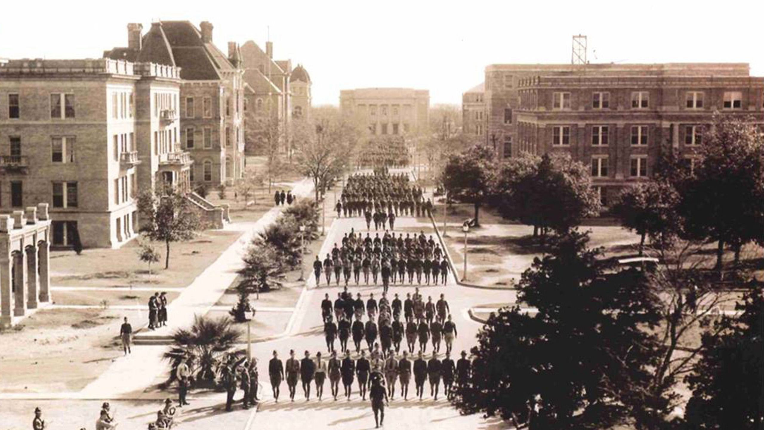 Historic Corps of Cadets parade on Military Walk, Texas A&M University, circa early 1900s