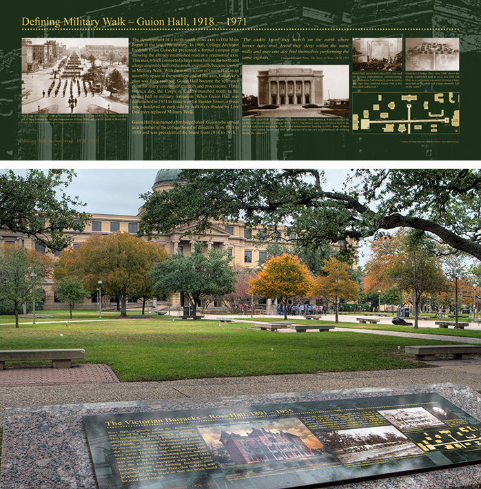Interpretive panels on Military Walk at Texas A&M, showing historic design and installed signage