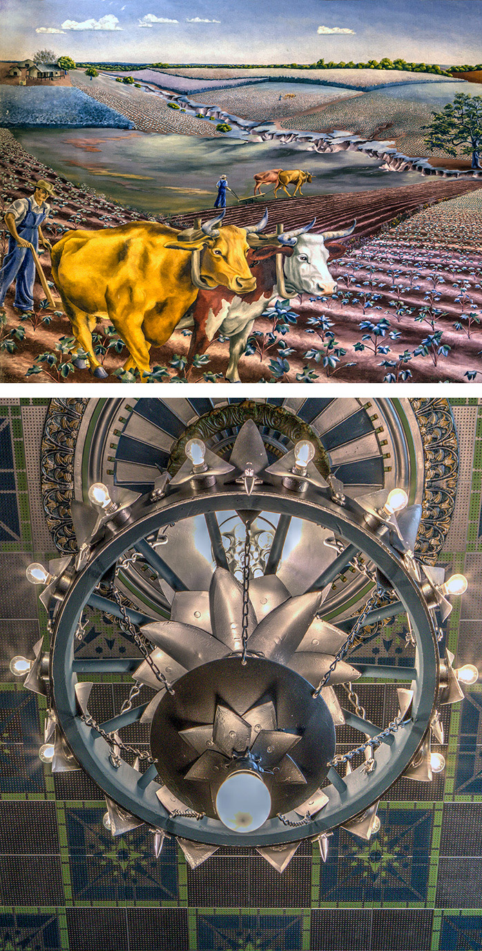 Top: A vibrant mural portraying early 20th-century agricultural life—farmers tilling the land with oxen under expansive Texas skies. The scene preserves cultural memory and emphasizes the roots of regional identity. Bottom: A view upward into a grand chandelier, showcasing industrial-inspired Art Deco design with symmetrical metalwork, star motifs, and bulb-ringed arms. The detailing reflects both craftsmanship and period innovation.