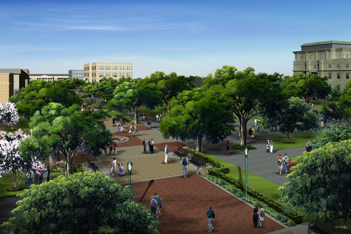 Rendering of restored Military Walk with brick promenade, trees, and interpretive gathering spaces at Texas A&M