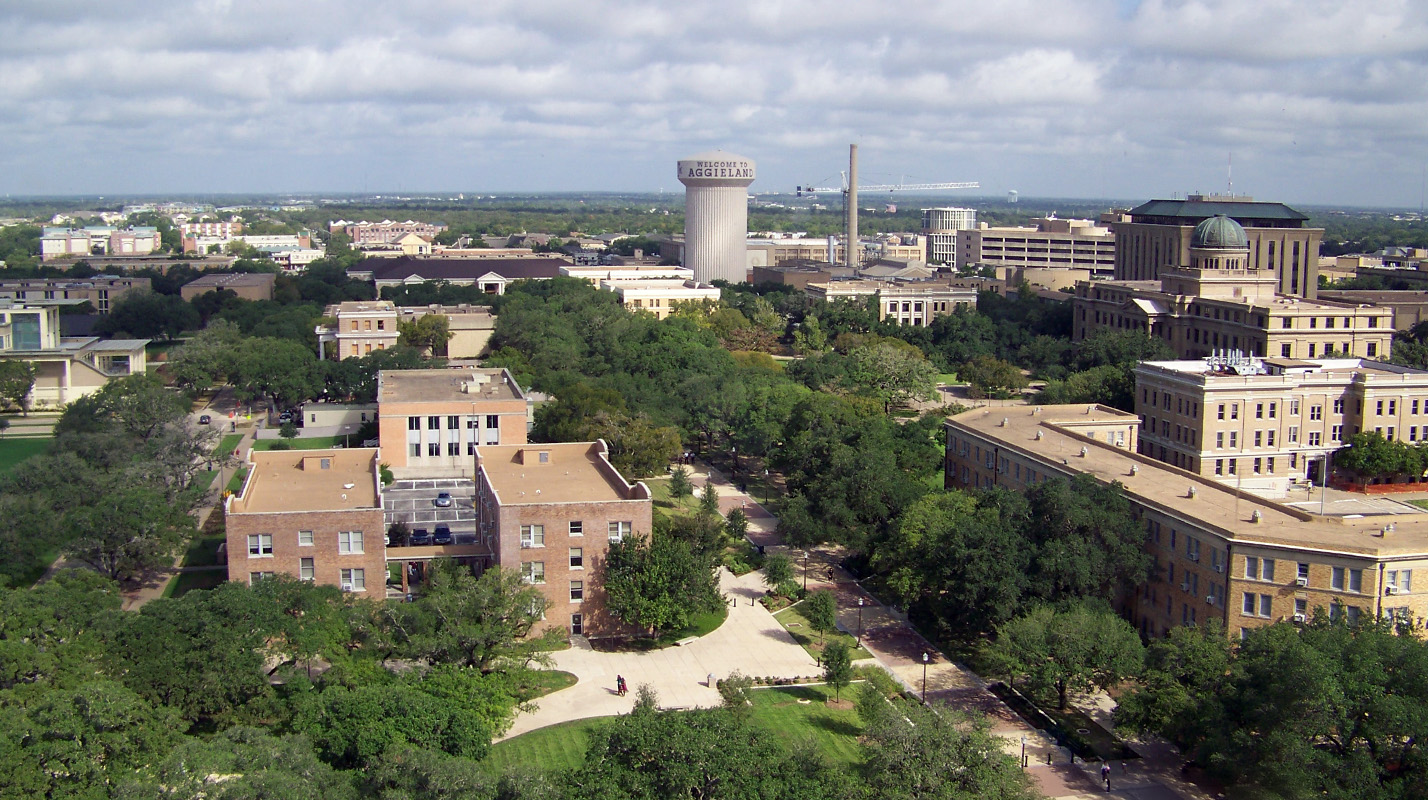 Aerial view of Military Walk at Texas A&M University